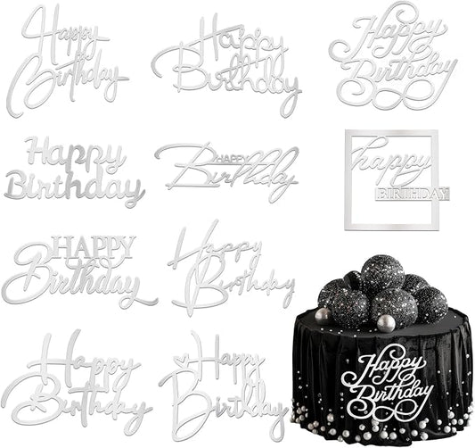 Wootkey 10 PCS Silver Happy Birthday Cake Topper Mirror Acrylic Cupcake Toppers Double-Sided Happy Birthday Sign for Cake Side Cupcake DIY Birthday Gift Flower Bouquet Decor