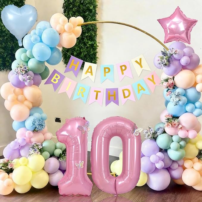 Pastel 10th Birthday Decorations for Girl,Macaron Rainbow 10th Party Decoration Colorful Balloons Banner Star Heart Number 10 Foil Balloon Cake Topper Butterfly Party Decorations