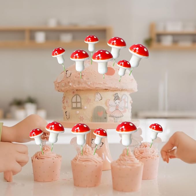 Gyufise 30Pcs Mushroom Cake Decorations Red Mini Mushroom Toothpicks Mushroom Cupcake Toppers Mushroom Cake Picks for Birthday Baby Shower Party Micro Landscape Decorations
