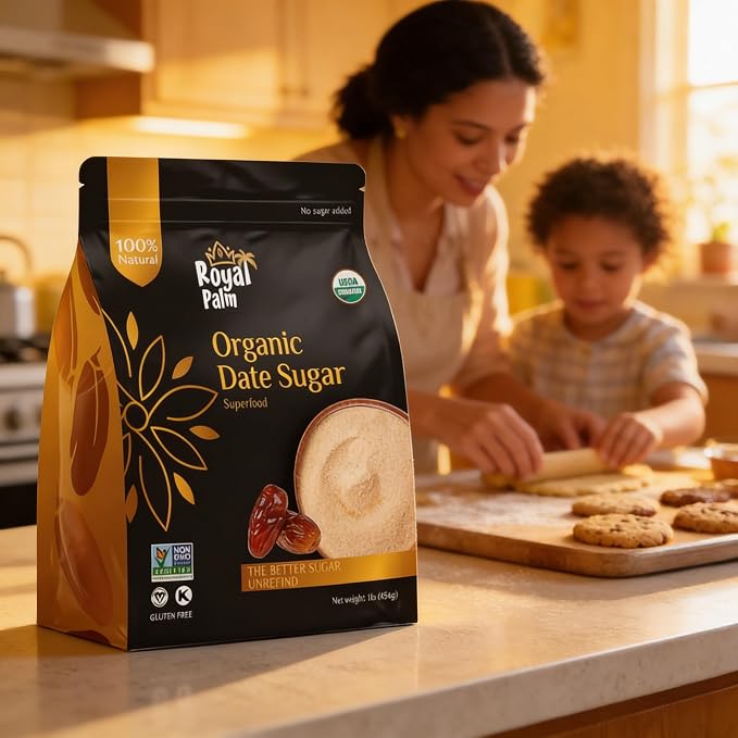 Royal Palm Organic Date Sugar (1LB) - Premium Natural Sweetener - Ideal Baking Sugar Substitute - High-Fiber Vegan & Paleo Alternative - Gluten-Free & Kosher - Non-GMO - 16oz Pack - USDA Certified