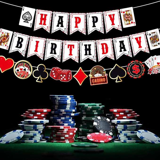 Zwiebeco Casino Theme Happy Birthday Banner Colorful Poker Sign Hanging Paper Party Decorations for Men Women Playing Cards Game Themed Accessories Supplies