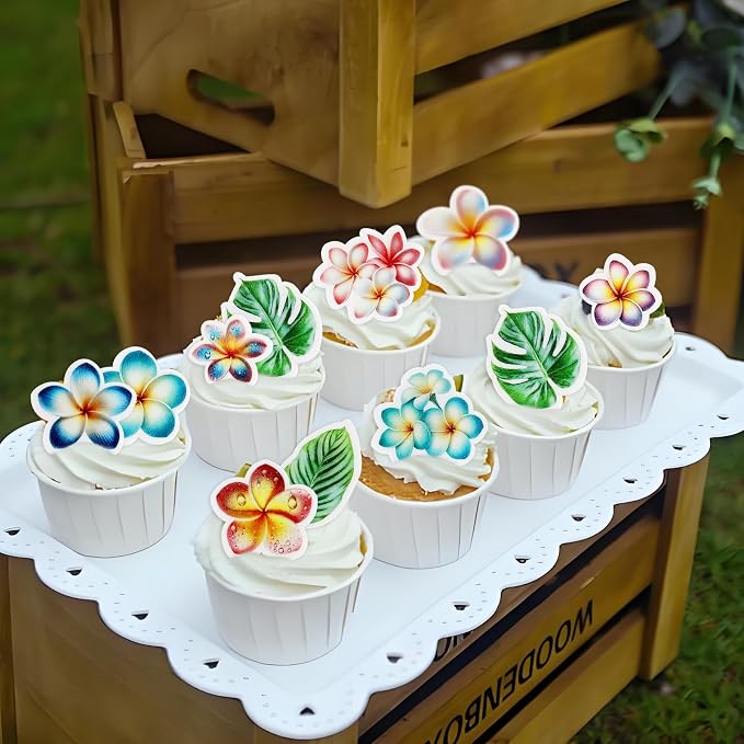 50Pcs Edible Frangipani Cupcake Toppers Edible Monstera Leaves Cupcake Picks for Hawaiian Floral Bridal Shower Engagement Wedding Cake Decors Hawaii Girls Birthday Party Decorations