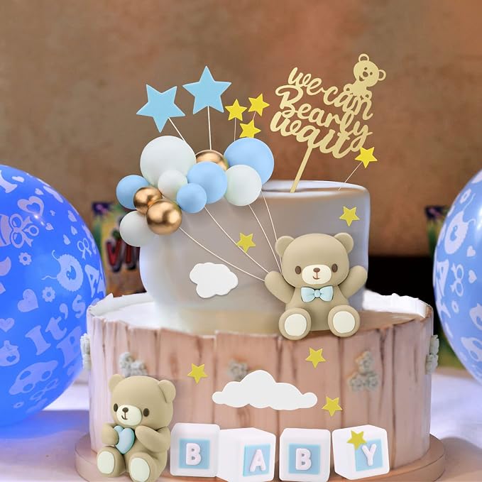 Yinder Bear Cake Toppers Mini Bear Cake Decorations Cake Toppers Gold White Pearl Ball for Birthday Party Decorations(Blue, Brown,Cute Style)