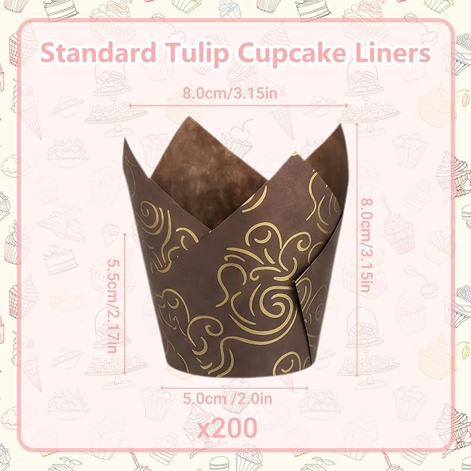 200 Pcs Brown Tulip Cupcake Liners for Baking, Brown Wavy Line | Standard Greaseproof Tulip Muffin Liners for Baking, 3oz Brown Paper Cupcake Wrappers for Party Wedding Birthday