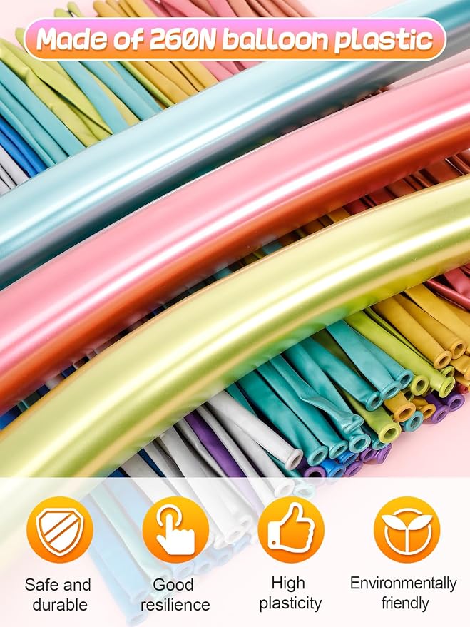 100 Pcs 260 Balloons Kit with Pump - Kids Premium Latex Twisting Long Balloons to Make Animals Flowers, Metallic Assorted Balloons for Party Boys Girls Birthday Gifts Clowns Wedding Decor