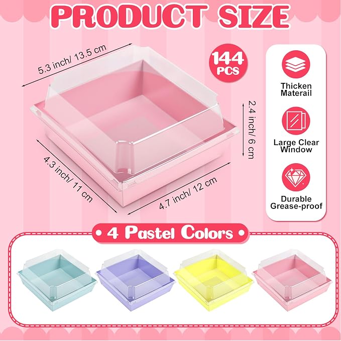 Vesici 144 Pcs 5 Inch Small Charcuterie Boxes with Clear Lids Cake Slice Containers Paper Bakery Boxes Disposable Food Containers for Dessert Cookie Sandwich Mini Cake Strawberry