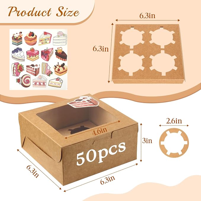 OAMCEG 50 Pack Cupcake Boxes with Window, 6x6x3 Inches Cookie Boxes, Bakery Treat Boxes for Pastry, Desserts, Chocolate Strawberries, Cupcake Containerss, Gift Giving with Stickers & Twine（Brown）