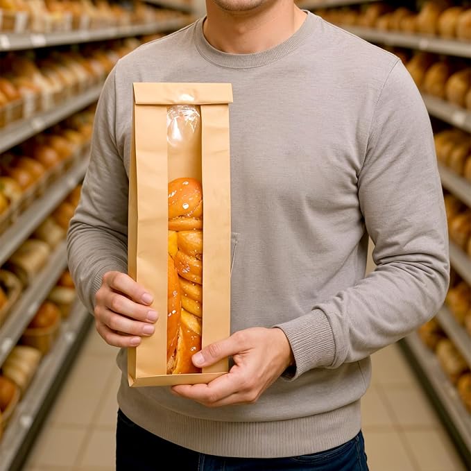 100 Pack 23.22 x 4.33 x 1.57 Inch Baguette Bread Bags with Clear Window, Long French Bread Bag, Paper Bakery Storage Bags for Homemade Breads, Pastries, and Snack
