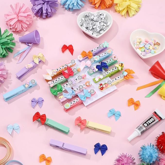 Geelin Cheer Pins Kit with 80 Pcs Spirit Clips, 800 Letter Beads, 160 Volleyball Charm, 40 Various Charms, 30 Bows, Glue, Decoration for Cheerleaders Team Gifts Bulk Stuff DIY, Macaron Colors