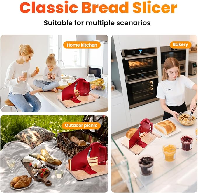 Stainless Steel Bread Slicer, Manual Sourdough Bread Cutter with Hand Crank and Adjustable Thickness, Bread Slicing Tool for Homemade Loaves, Toast, Bagels and Bakery Use
