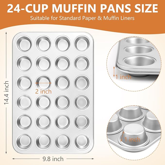 Domensi 4 Pcs Mini Muffin Pan 24 Cup Carbon Steel Cupcake Baking Pan Nonstick Tin Tray for Standard Muffins, Brownie, Tart, Quiche, Heavy Duty Bakeware Set, Oven & Dishwasher Safe