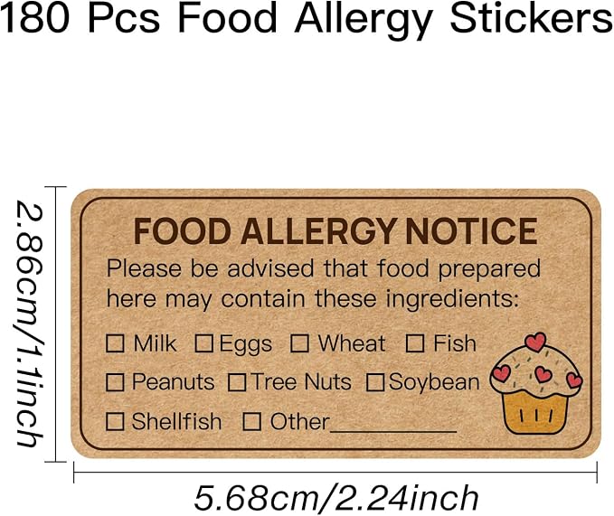 180 PCS Allergy Stickers for Cake,Kraft Paper Food Allergy Warning Labels,Ingredients Label Sticker for Bakery,Food Bag,Restaurant,Kitchen(1.1x2.2inch)