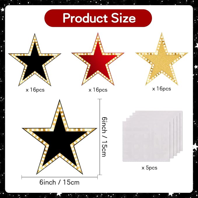 Vuzvuv 48Pcs 3 Colors Movie Star Cutouts Paper with 100Pcs Glue Points for Wall Bulletin Board Decorations or Theme Party or Classroom Decor Supplies