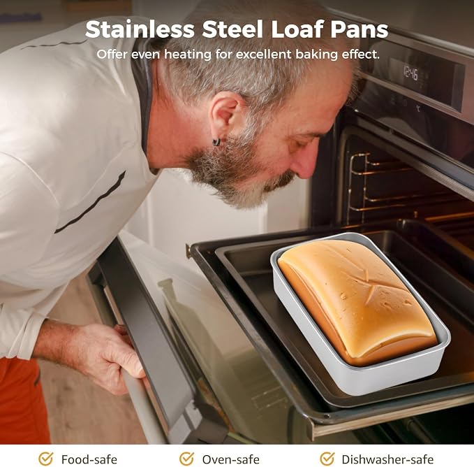 Homaisson 6 Pcs Stainless Steel Loaf Pan, Bread Baking Pans with Lids, Rectangle Cake Meatloaf Molds, Food Serving Pans, Ideal for Baking and Storage