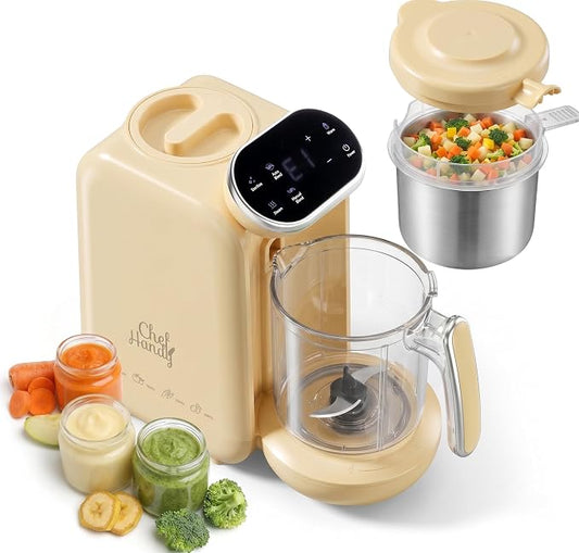 Chefhandy Baby Food Maker, Steamer & Blender with Stainless Steel Basket, Puree Maker with Auto/Manual Blend, Bottle Warmer & Sterili-zer, Safe & Easy-to-Clean Compact Baby Food Processor (Yellow)