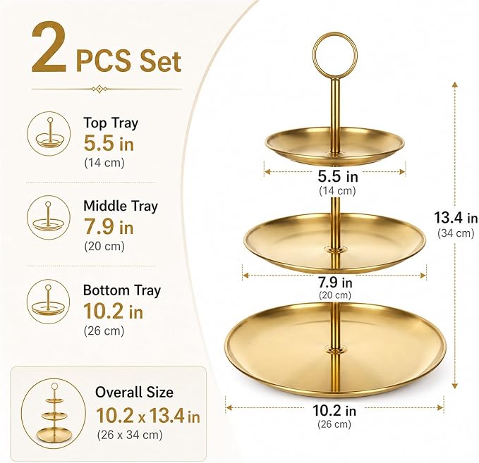 ABuff 3 Tiered Gold Cupcake Stand 2 Pack Stainless Steel Gold Tiered Dessert Stand Cupcake Display Tower 3 Tier Serving Tray Cake Stand for Baby Shower Birthday Party Wedding