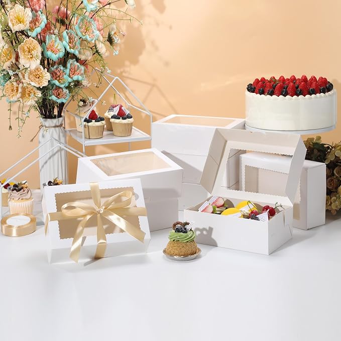 COTOPHER 10Pcs Cookie Boxes with Ribbons, 9x6x3 Inch Bakery Boxes with Window, White Treat Containers for Pastries, Chocolate Covered Strawberries, Dessert, Easter Candy, Muffins, Donuts