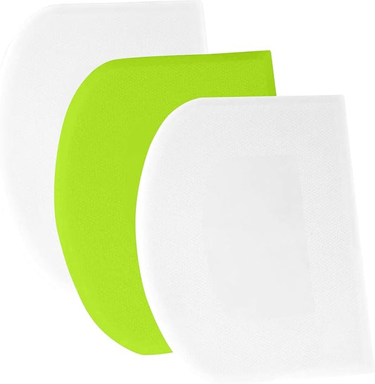 SURDOCA Dough Scraper Bench Scraper - 3P 9.5x6.1" Plastic Flexible Bowl Scraper, Sharp Edge & Angles Cake Scraper. Non-Slip Bakeware Decorating Tools Sculpting & Modeling Tools - White+Green+White