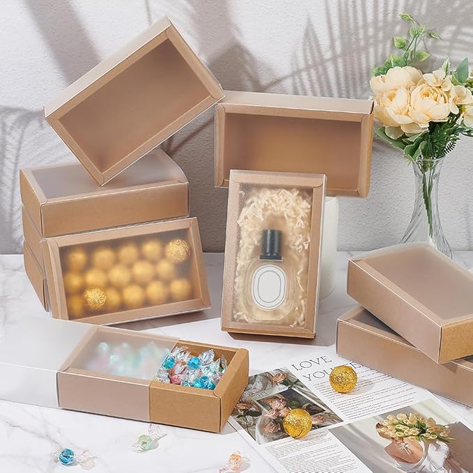 BENECREAT 12Packs Large Rectangle Brown Kraft Boxes Heavy Duty Gift Box with Clear PVC Windows 5.9x3x1.5 for Party Favor Treats, Bakery, Jewelry, Wedding Gift Packaging