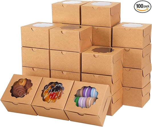 TOMNK 100pcs 4x4x2.5 Small Cookie Boxes, Mini Dessert Boxes with Window for Cupcakes, Macarons, Chocolate,Strawberries, Muffins(Kraft Paper)