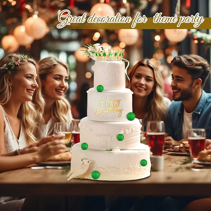 8 Pcs Gold and Green Queen Crown Birthday Cake Topper for Women Rhinestone Crystal Tiara Wedding Happy Birthday Cake Decoration Foam Balls Decor for Queen Princess Party Photo Props