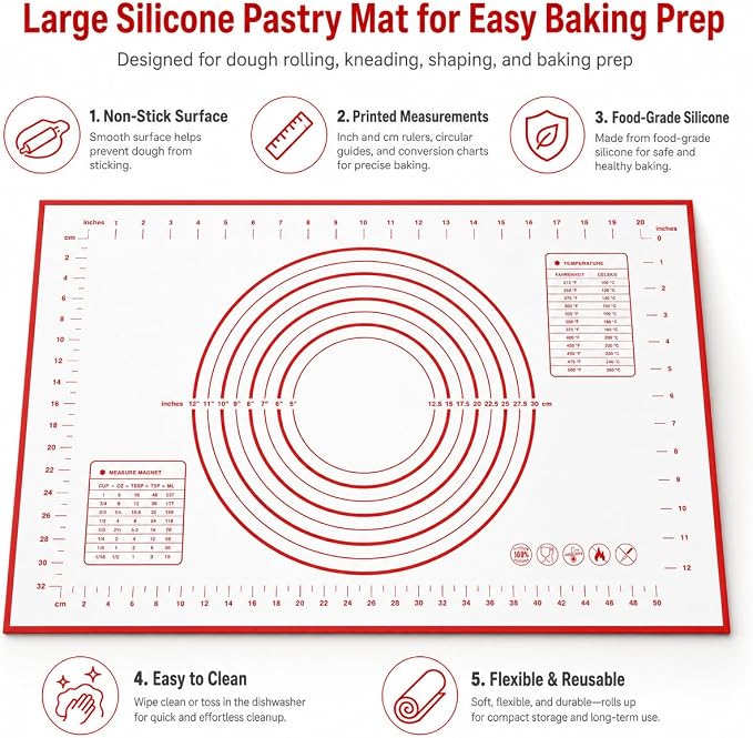 Silicone Pastry Mat 24 x 16 Inch, Non-Stick Dough Mat with Measurements | 24 x 16 inch food-grade silicone pastry mat with non-stick surface, printed guides, easy cleanup and roll-up storage.