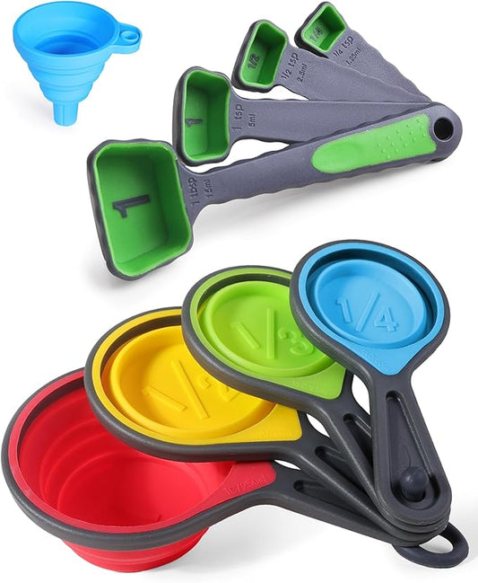 Measuring Cups and Spoons set, Collapsible Measuring Cups, 8 piece Measuring Tool Engraved Metric/US Markings for Liquid & Dry Measuring, Space Saving, BPA Free Silicone, Colorful