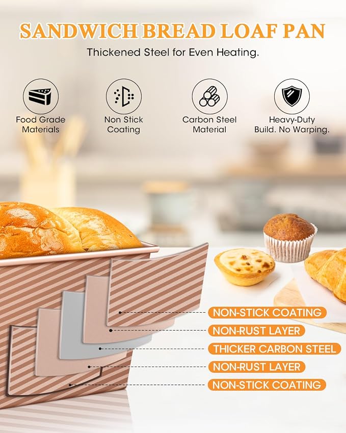 Pullman Loaf Pan with Lid: 2.2lb Dough Capacity Carbon Steel Nonstick Bread Pan for Oven Baking - for Homemade Sourdough and Sandwich Bread - Essential for Home Bakers Family Kitchen (1 Pack)