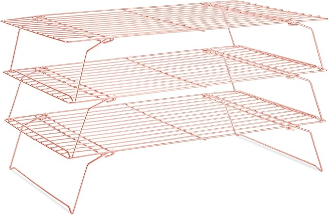 Cooling Rack for Baking 3 Tiers, 16" x 10" Cookie Cooling Wire Rack Stackable Collapsible Nonstick, Stainless Steel Baking Cooking Cooling Racks with Optimum Air Flow, Rose Gold