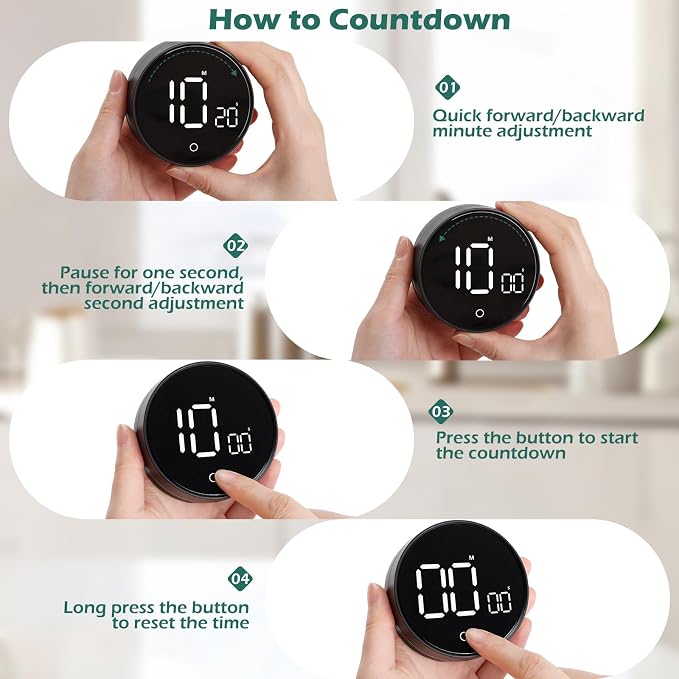 GeeRic Digital Kitchen Timers, 199 Minutes Countdown Countup Rotary Timer, Large LED Stopwatch, Volume Adjustable Kitchen, Study, Workout, and Office Timer Black