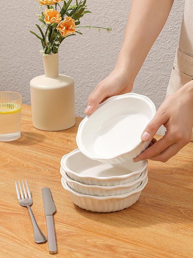 LIFVER Ceramic Pie Pans for Baking 6 Inches, 11.6 OZ Set of 4 Deep Pie Dish, Round Mini Pie Plates Tart Pans, Small Quiche Baking Fluted Dish Pan for Dinner, Oven, Freezer, Microwave Safe