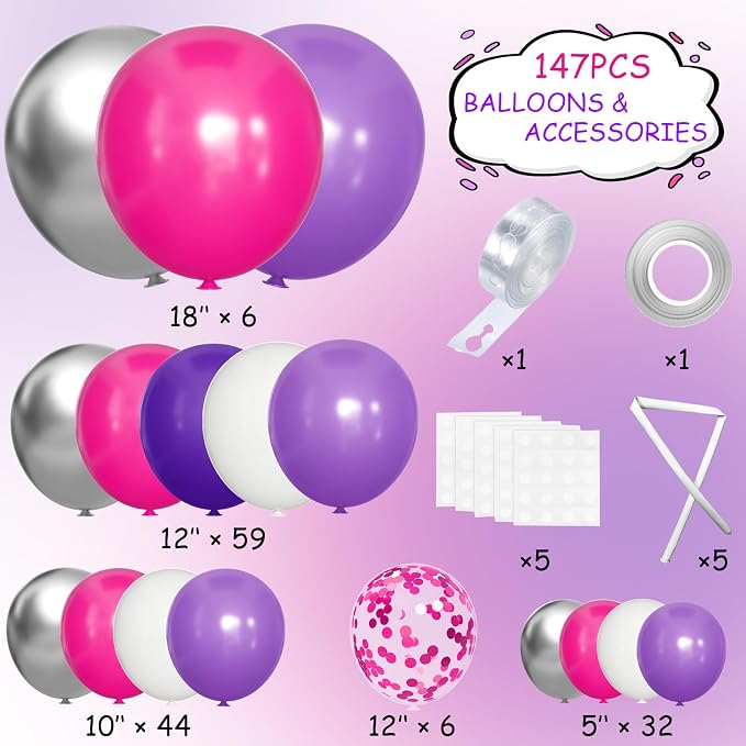 MEBAY Hot Pink Purple Silver White Baloon Garland Arch Kit, 147Pcs Latex Balloons Different Sizes 18 12 10 5 inch for Women Girls Wedding Birthday Baby Shower Party Decorations