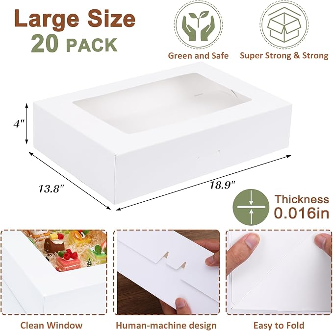Moretoes 20pcs 19x14x4in Sheet Cake Boxes, White Rectangle Bakery Boxes with Window, for Cake Pastry Baking Donuts Cupcake Pie Packaging, Auto-Popup