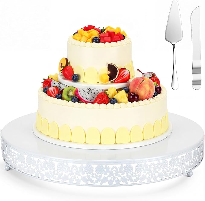 Wenqik 18 Inch White Cake Stand Set Metal Round Cupcake Dessert Stand with Cake Cutting, Flower Spatula Wedding Cupcake Pastry Display Candy Holder Display for Wedding Party Birthday Baby Shower