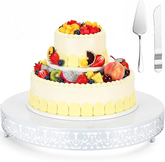 Wenqik 18 Inch White Cake Stand Set Metal Round Cupcake Dessert Stand with Cake Cutting, Flower Spatula Wedding Cupcake Pastry Display Candy Holder Display for Wedding Party Birthday Baby Shower
