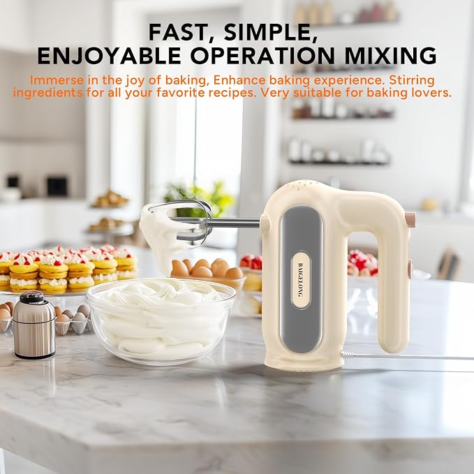 Hand Mixer Electric, 5-Speed Small Handheld Mixer, 2* (Dough Hooks & Beaters) Food Blender, Kitchen Blender for Baking, Cream, Cookies, 304 Dishwasher Safe