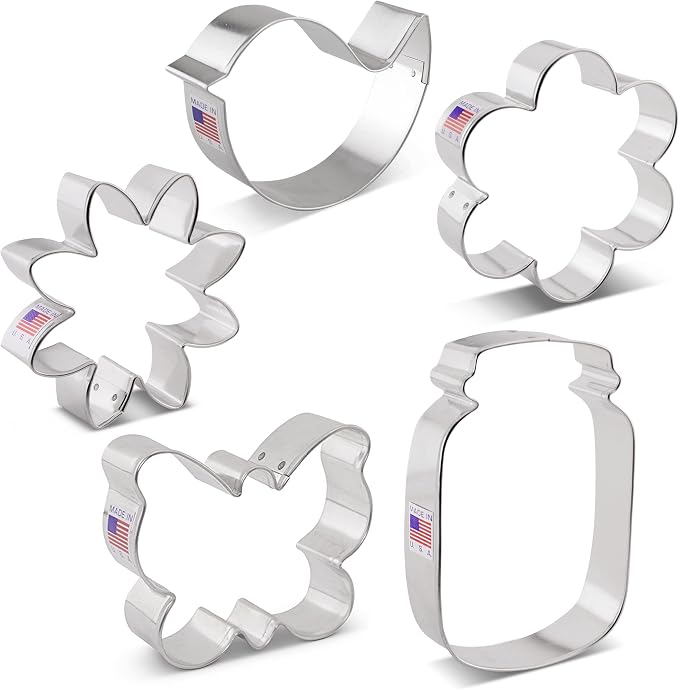 Ann Clark 5-Pc Mother's Day Flower Garden Cookie Cutter Set Made in USA, Butterfly, Bird, Flower, Daisy, Mason Jar