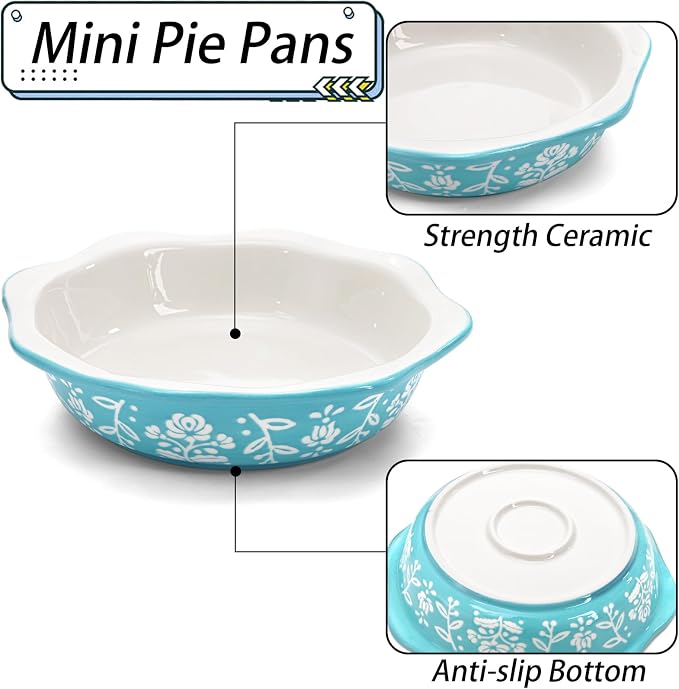 Bekith 4 Pack Ceramic Mini Pie Pans, 6 Inches Fluted Dish Pie Plate, Nonstick Small Quiche Baking Dish Mini Tart Pan, Microwave & Oven Safe