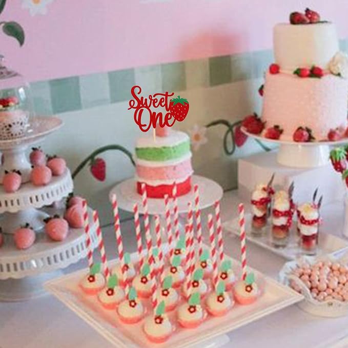 1 Pack Sweet One Cake Topper Glitter First Birthday Strawberry Cake Pick for Fruit Baby Shower 1st Birthday Berry Sweet Cake Decoration For Birthday Party Supplies Red