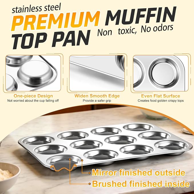 P&P CHEF 12-Cup Muffin Top Pan (1 Piece), Stainless Steel Muffin Pan Cupcake Tin with Shallow Side for Whoopie Pie & Yorkshire Pudding, Easy Clean & Oven Safe, Silver