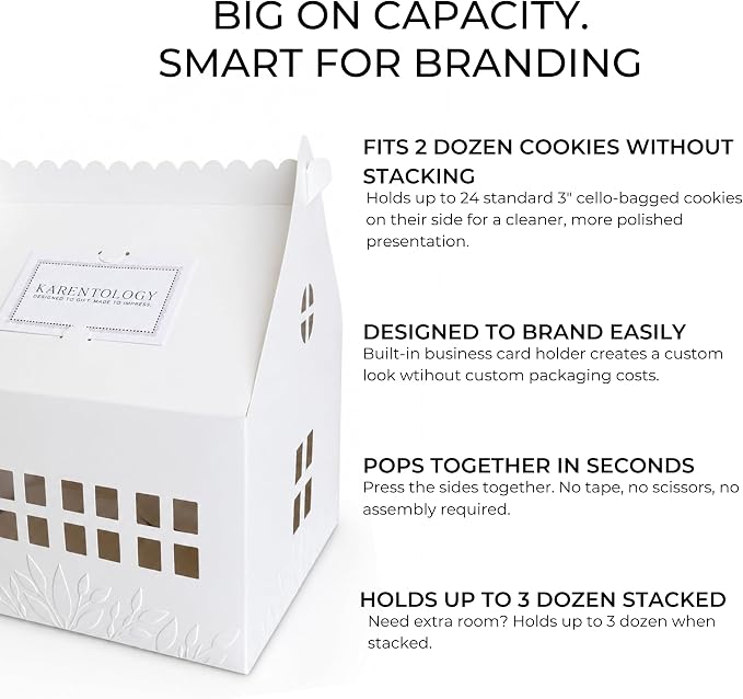 20 Pcs Large Cottage House Cookie Boxes with Window & Business Card Holder, White 7 x 7 x 8.5 in Gable Bakery Gift Boxes for 2 Dozen Cookies, Treats, Desserts, Realtor Gifts & Party Favors
