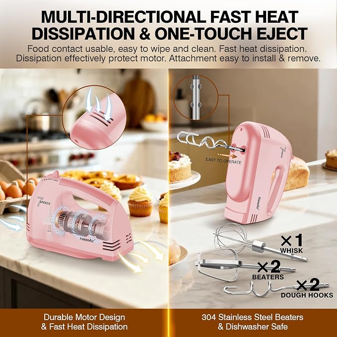 Electric Kitchen Mixer, Small 7-Speed Mixer, Dishwasher-Safe 304 Accessories (1 Whisk, 2 Dough Hooks, 2 Beaters), Mixes Various Ingredients, for Both Beginners and Bakers, Pink