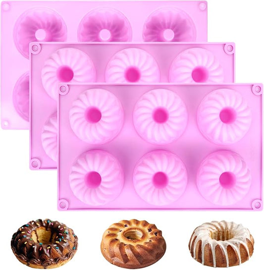 3 Pack Purple Mini Cake Pans for Baking, Silicone Small Cake Pan Mold Moldes Para Gelatinas, 6 Cavity Nonstick Mini Cheesecake Pans, Jello Molds Silicone Donut Pan for Baking Cupcakes Chocolate