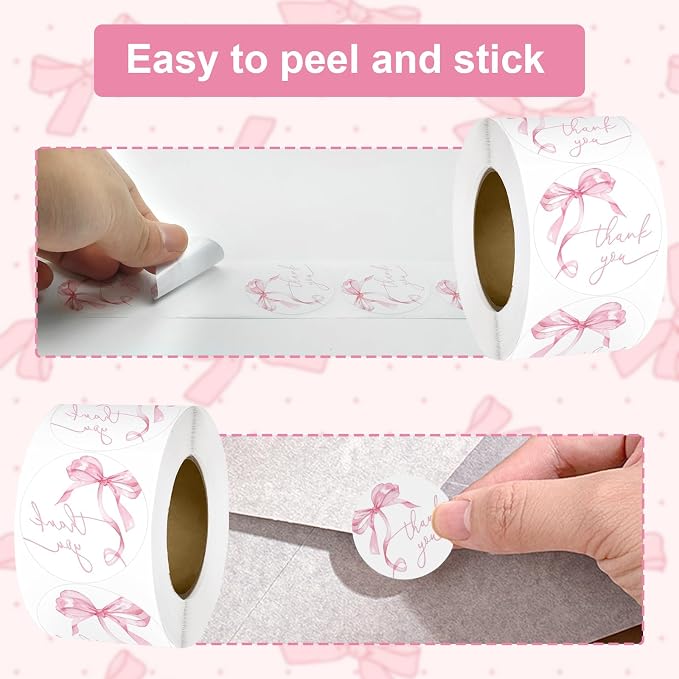 500pcs Pink Thank You Stickers, 1.5 Inch Watercolor Bowknot Thank You Labels, Self-Adhesive Small Business Stickers for Gift Packaging (Pink)