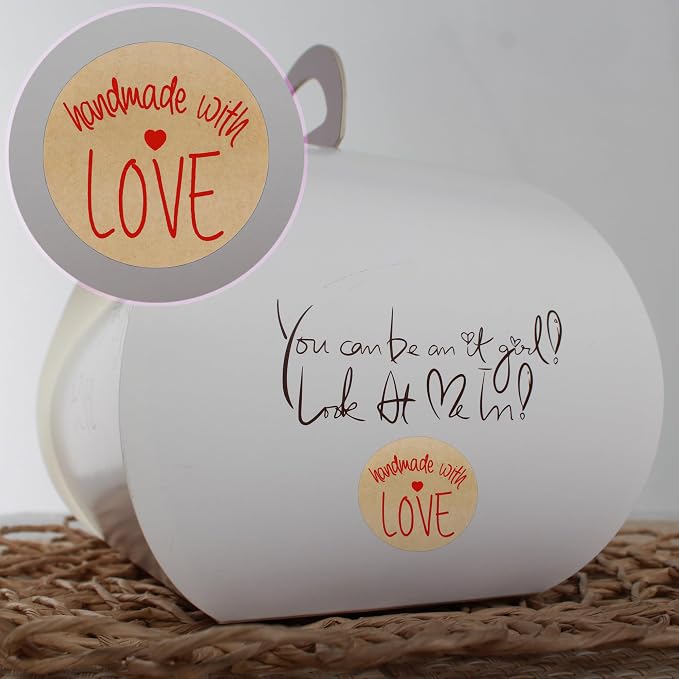 Hybsk Kraft Handmade with Love Stickers with Black Font 1.5" Inch Round Total 500 Labels Per Roll (Type 2)
