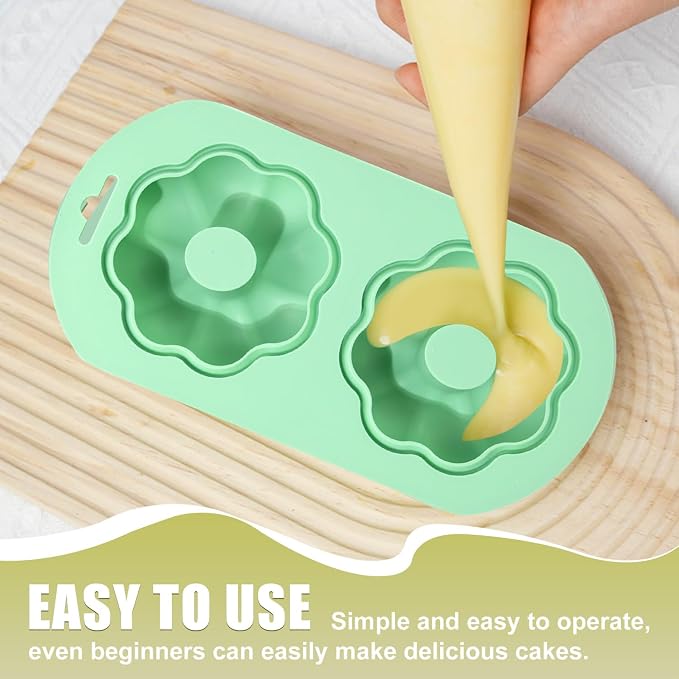 QELEG 2 Pack Silicone Donut Pan, 2-Cavity Fluted Tube Cake Pan Non-stick Silicone Baking Mold for Donuts, Cornbread, Brownies, Bagel, mousse, madeline, Green 2Pcs/2-Cavity, flower