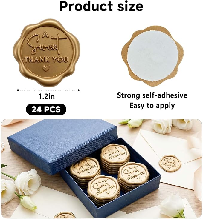 A Sweet Thank You Wax Seal Stickers, Self Adhesive Vintage Thank You Seals for Favor Bags, Sweet Treat Packaging, Donut Favors, Bakery Boxes, Gift Wrapping, 1.2 Inch (Antique Gold)
