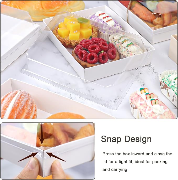 7x5 Inches Charcuterie Boxes with Clear Lids, 50 Pack Disposable Take Out Food Containers, Large Paper Bakery Cake Boxes for Strawberries, Cookies Cupcakes (White)