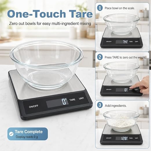 33LB/15KG Digital Kitchen Scale, USB Rechargeable Stainless Steel | 1g precision food scale with tare, 6 units and easy-clean platform for cooking, baking, meal prep and portion control