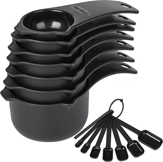 Measuring Cups and Spoons Set 15, 7 Plastic Measuring Cup Spoon Set, 7 Spice Long Handle Measuring Spoons with 1 Leveler for Kitchen and Baking, Dry Metric Measure Cups & Spoons Black